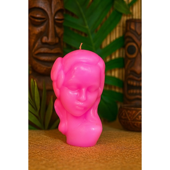 Pink Lady Head Candle Hawaiian Woman Bust Tiki Tropical Unused Marwal Mold Vtg‎ - Picture 1 of 9